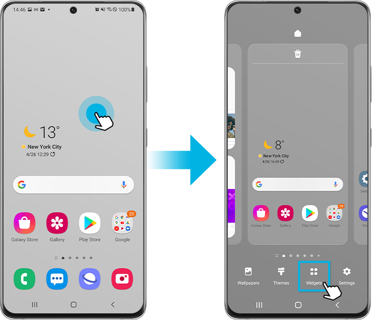 三星官方：长按桌面后进入 Widgets